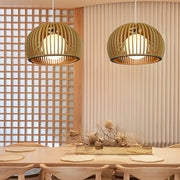 Hemispherical Wood Birdcage Pendant Light with Glass Shade