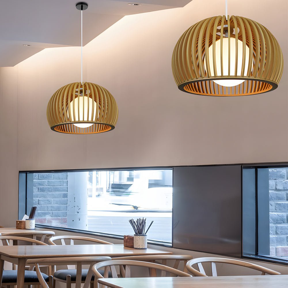 Hemispherical Wood Birdcage Pendant Light with Glass Shade