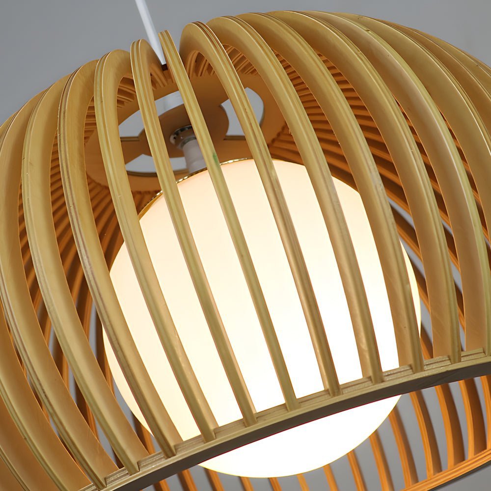 Hemispherical Wood Birdcage Pendant Light with Glass Shade