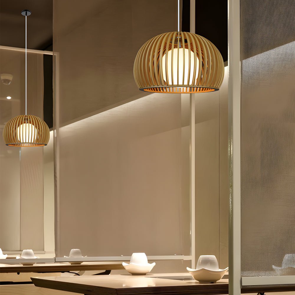 Hemispherical Wood Birdcage Pendant Light with Glass Shade