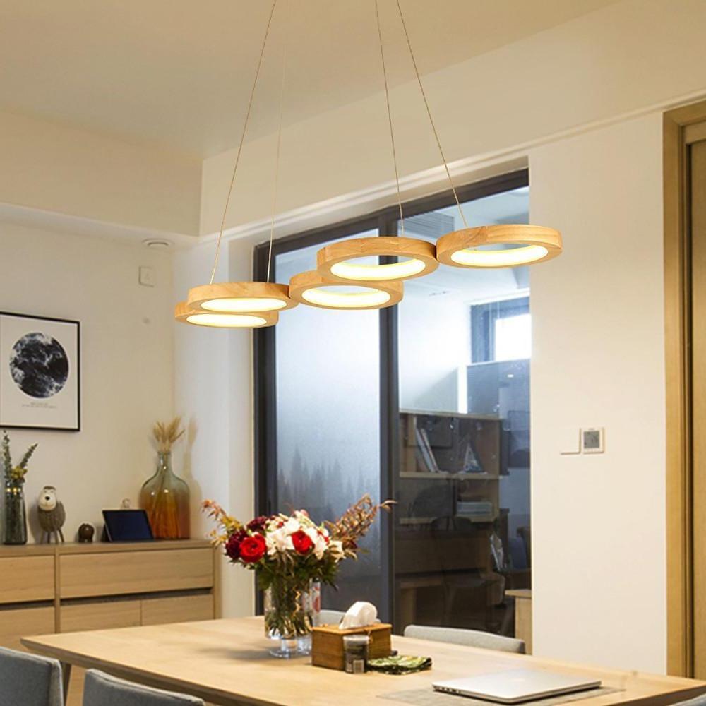Rustic Wood Pendant Light 4-Circle LED Modern Chandelier