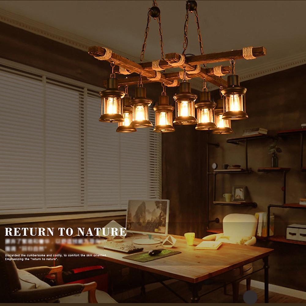 Vintage Wood & Glass 8-Light Farmhouse Pendant Chandelier