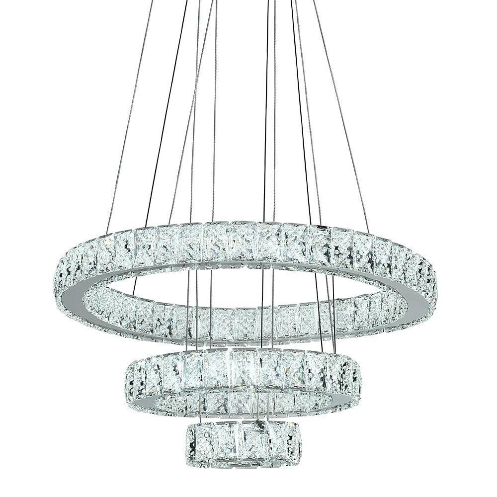 3-Tier Crystal Ring Chandelier with LED - Modern Chrome Finish
