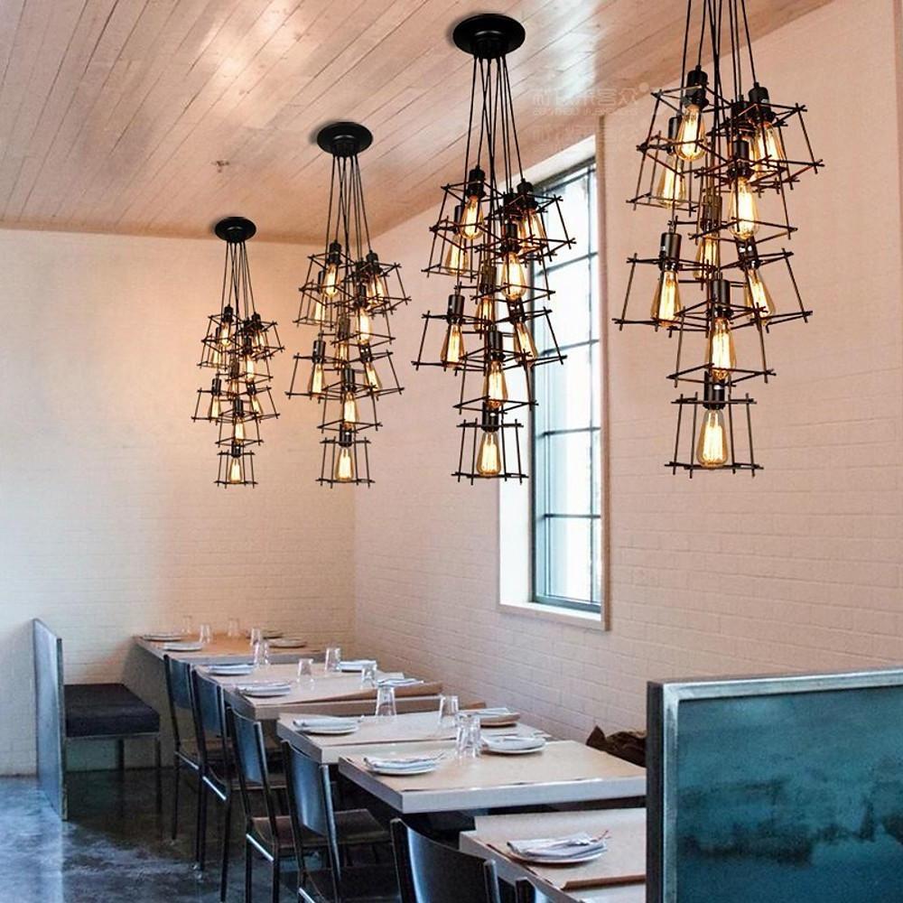 Square Metal Lantern Black Industrial Chandelier Adjustable