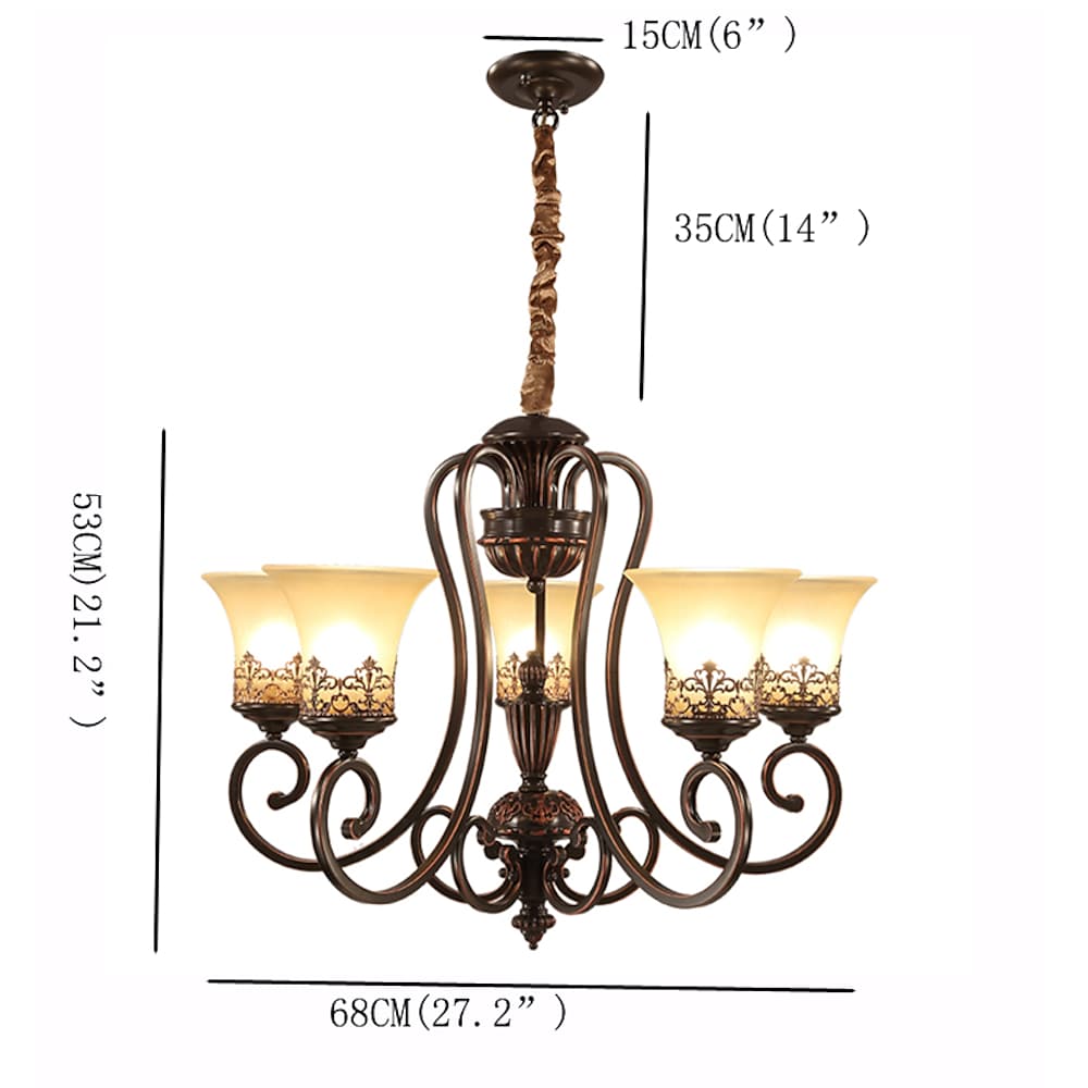 5-Light Vintage Chandelier with Glass Shades and Bronze Finish