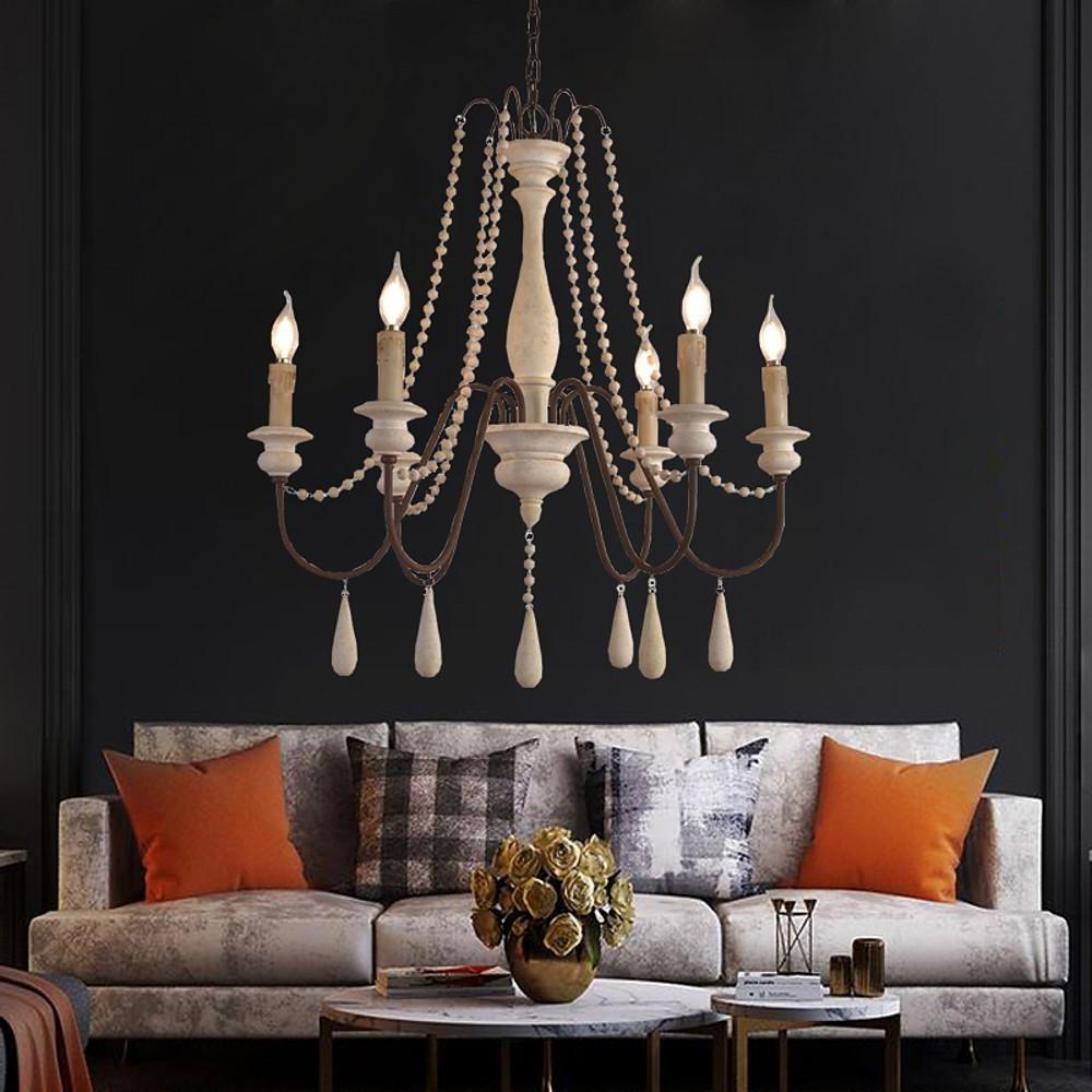 Farmhouse Wood Bead Chandelier with Candle-Style Lights 6-Light