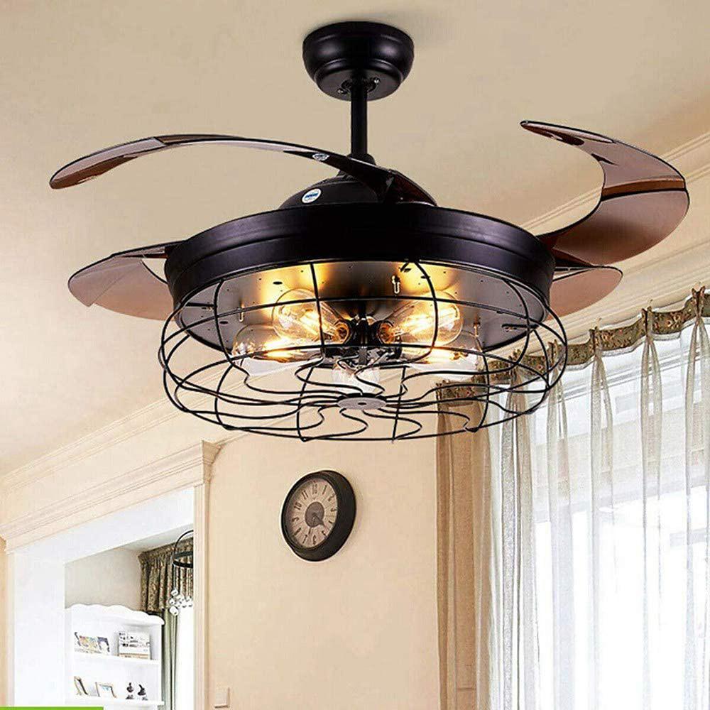 Retractable Farmhouse Ceiling Fan Light with Lantern Design