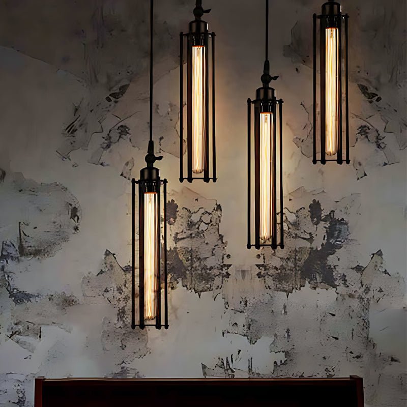 Industrial Iron Pendant Light with Tungsten Bulb - Black Finish