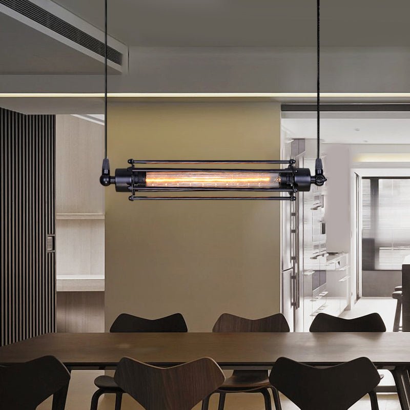 Industrial Iron Pendant Light with Tungsten Bulb - Black Finish