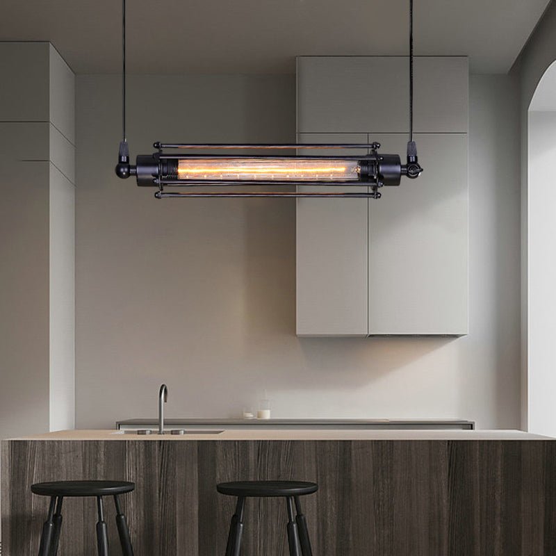 Industrial Iron Pendant Light with Tungsten Bulb - Black Finish