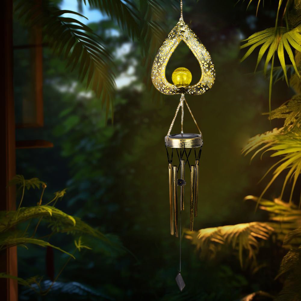 Heart Shaped Solar Wind Chime Light with Crackled Glass Shade