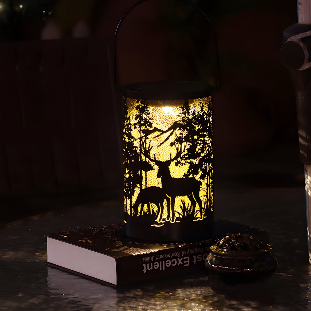 Iron Deer Silhouette Solar LED Outdoor Hanging Lantern