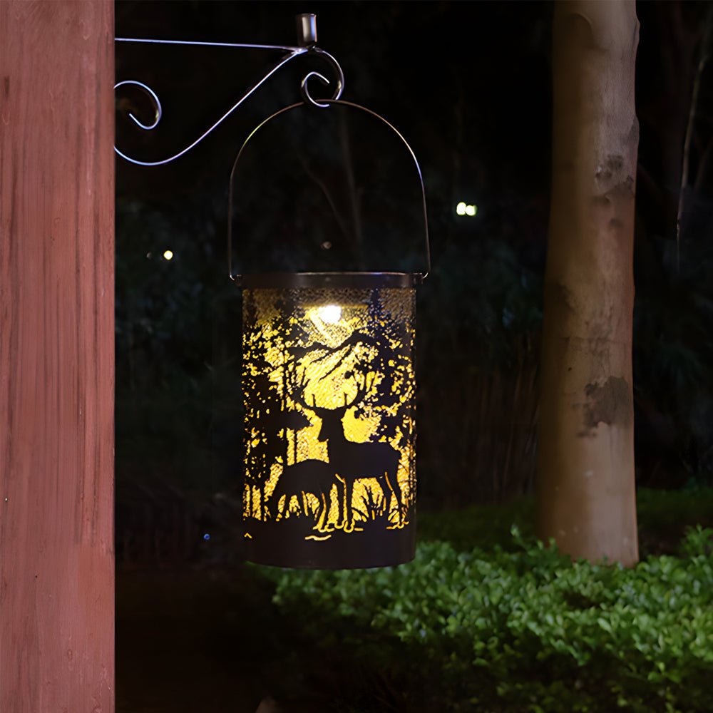Iron Deer Silhouette Solar LED Outdoor Hanging Lantern