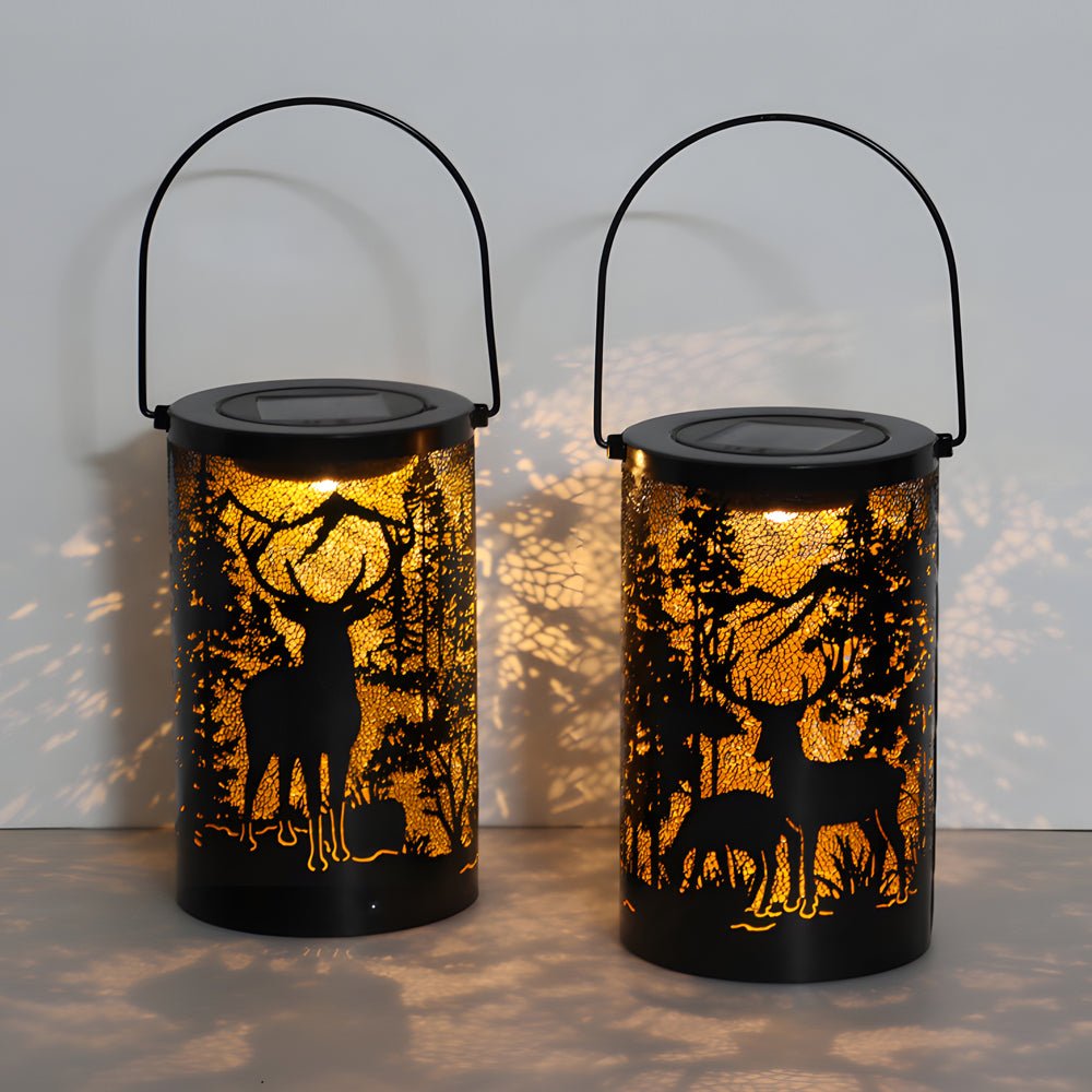 Iron Deer Silhouette Solar LED Outdoor Hanging Lantern