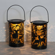 Iron Deer Silhouette Solar LED Outdoor Hanging Lantern