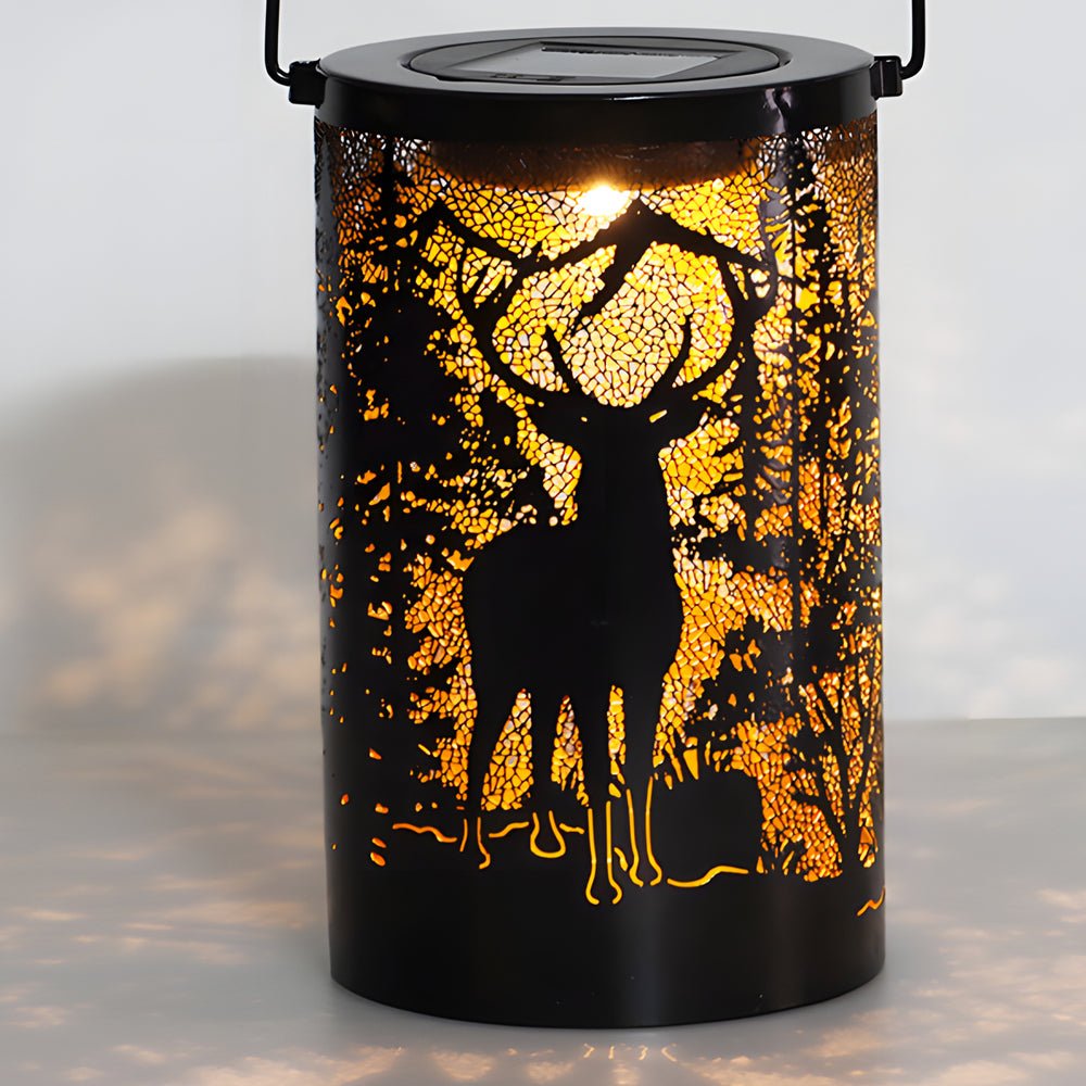 Iron Deer Silhouette Solar LED Outdoor Hanging Lantern