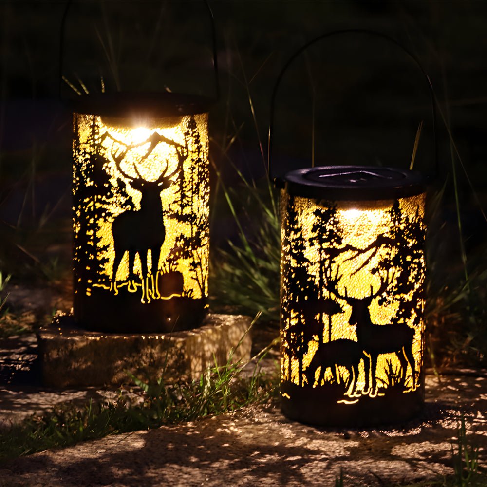 Iron Deer Silhouette Solar LED Outdoor Hanging Lantern