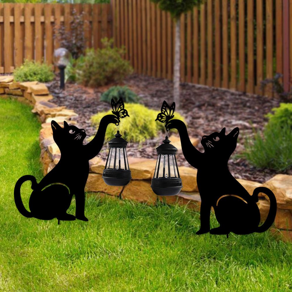 Metal Cat Silhouette Solar Garden Light with Hanging Lantern