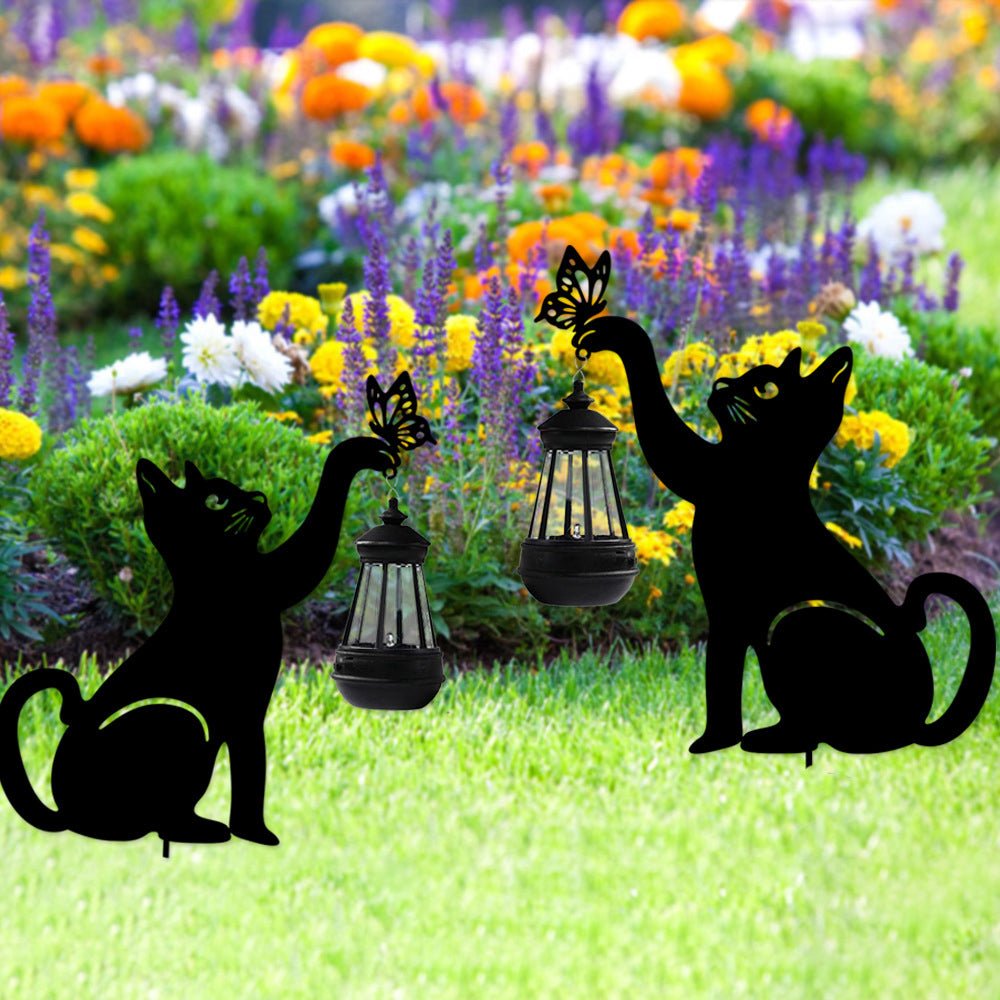 Metal Cat Silhouette Solar Garden Light with Hanging Lantern