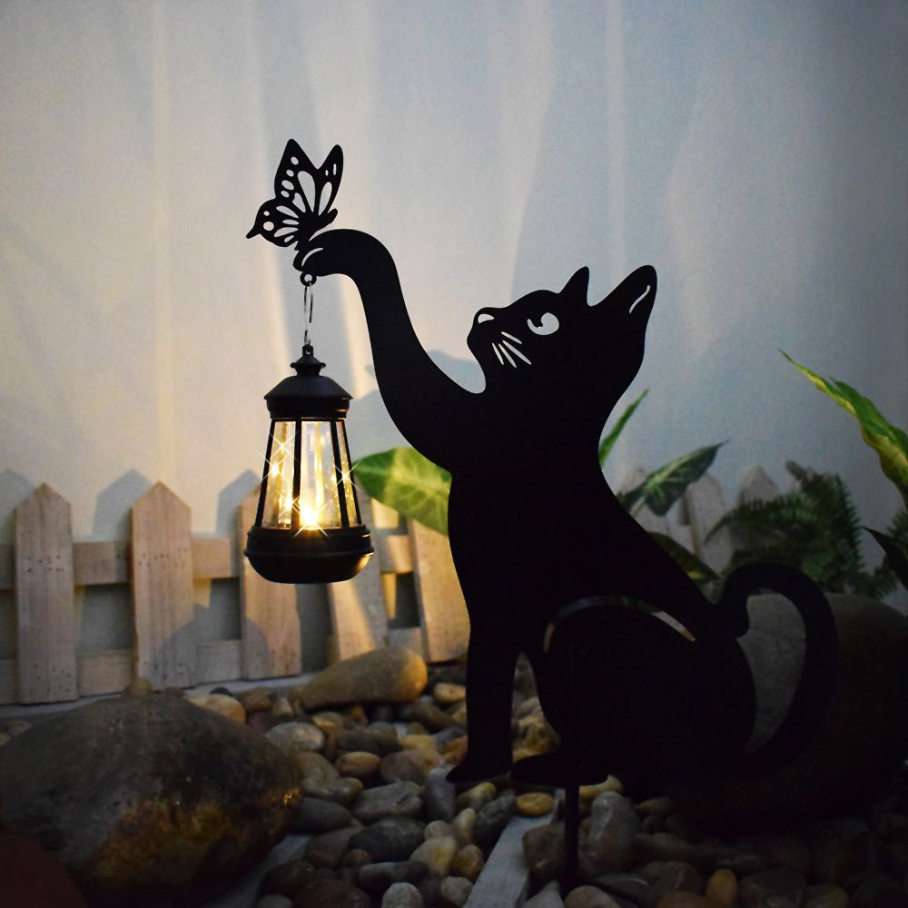 Metal Cat Silhouette Solar Garden Light with Hanging Lantern