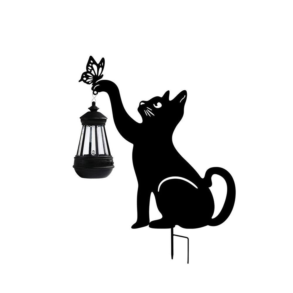 Metal Cat Silhouette Solar Garden Light with Hanging Lantern