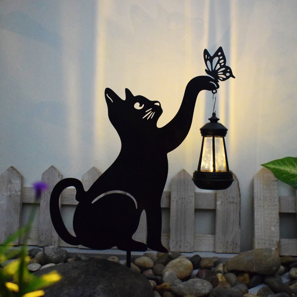 Metal Cat Silhouette Solar Garden Light with Hanging Lantern