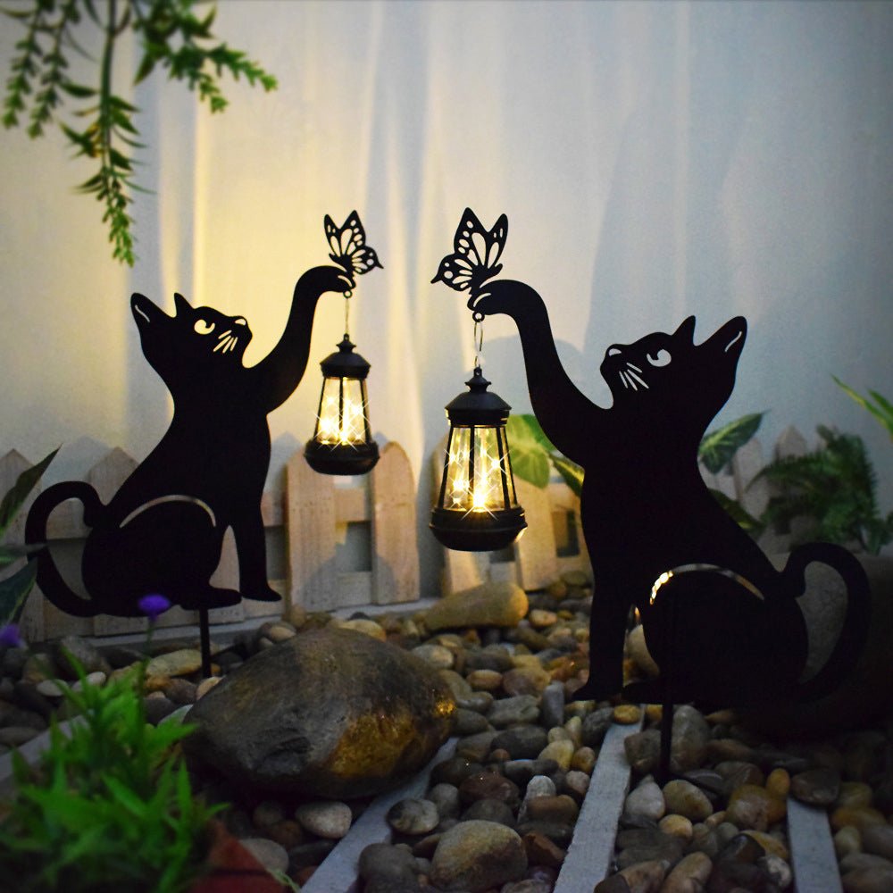 Metal Cat Silhouette Solar Garden Light with Hanging Lantern