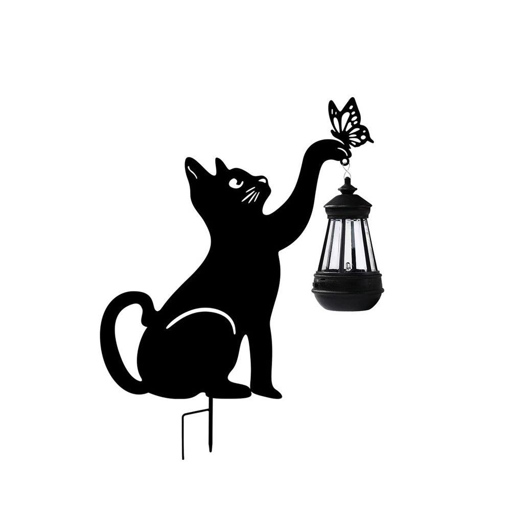 Metal Cat Silhouette Solar Garden Light with Hanging Lantern