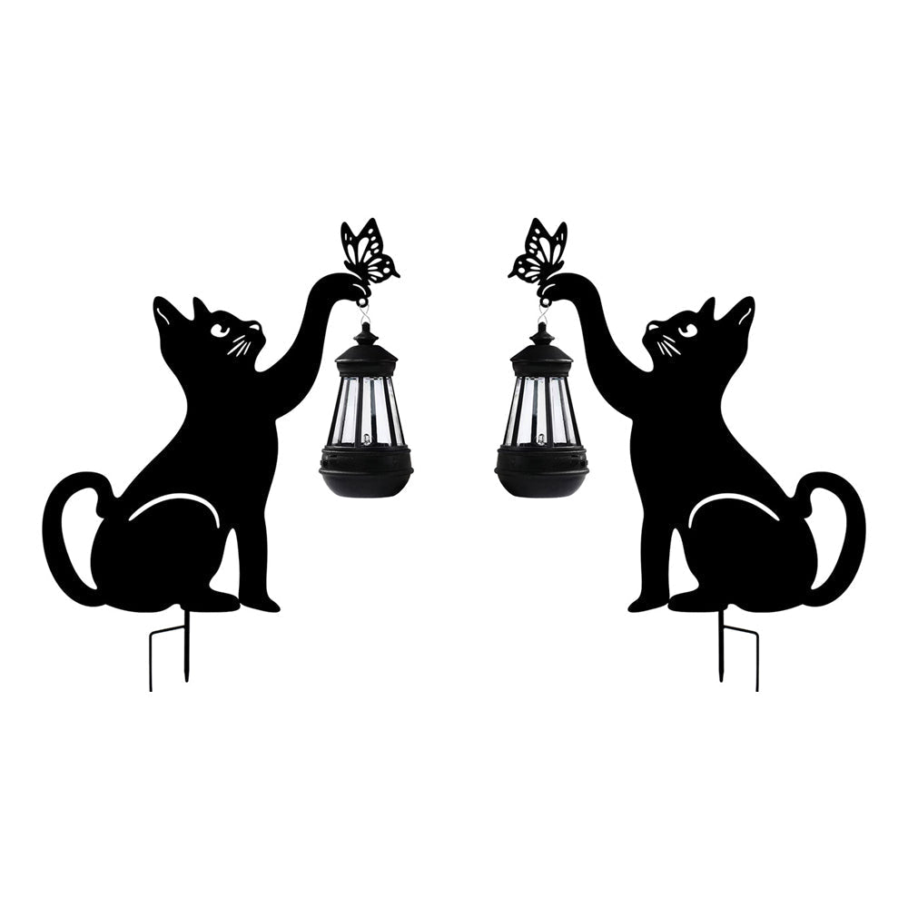 Metal Cat Silhouette Solar Garden Light with Hanging Lantern