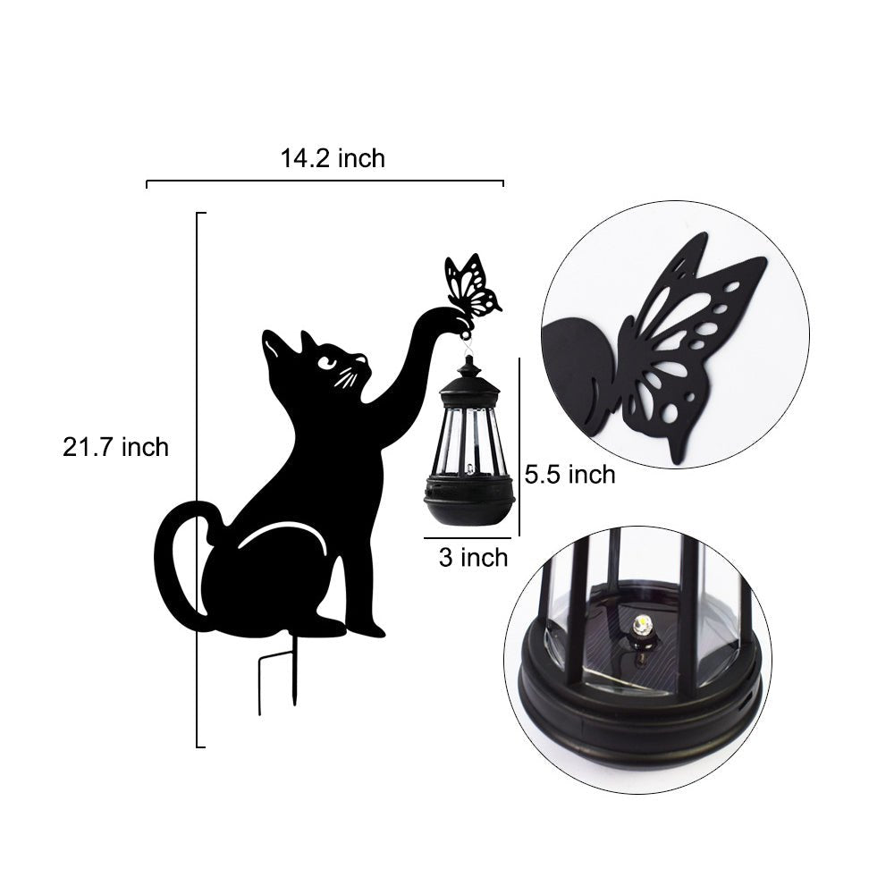 Metal Cat Silhouette Solar Garden Light with Hanging Lantern