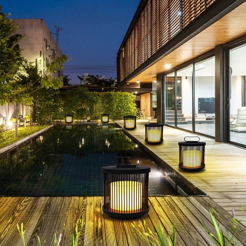 Modern Black Cage Outdoor Lantern with Handle - Waterproof LED Lamp