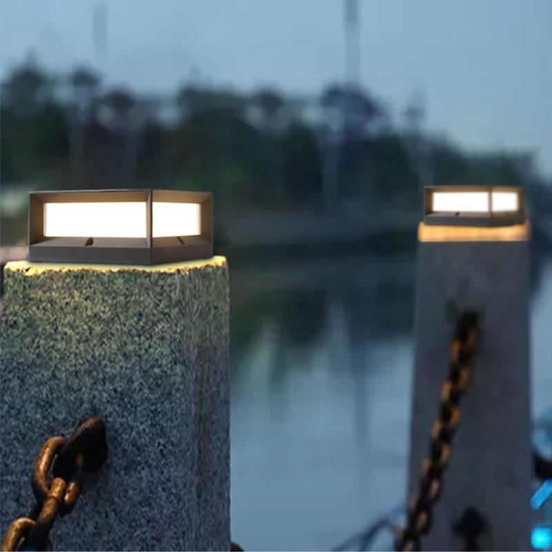 Square Waterproof Solar Outdoor Post Light Industrial Black Metal