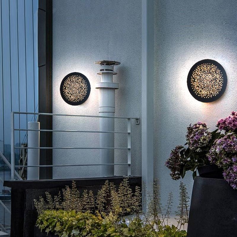 Perforated Round LED Outdoor Wall Light Waterproof Black