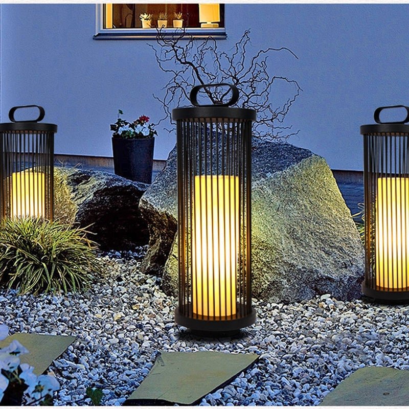Modern Black Cage Outdoor Lantern with Handle - Waterproof LED Lamp