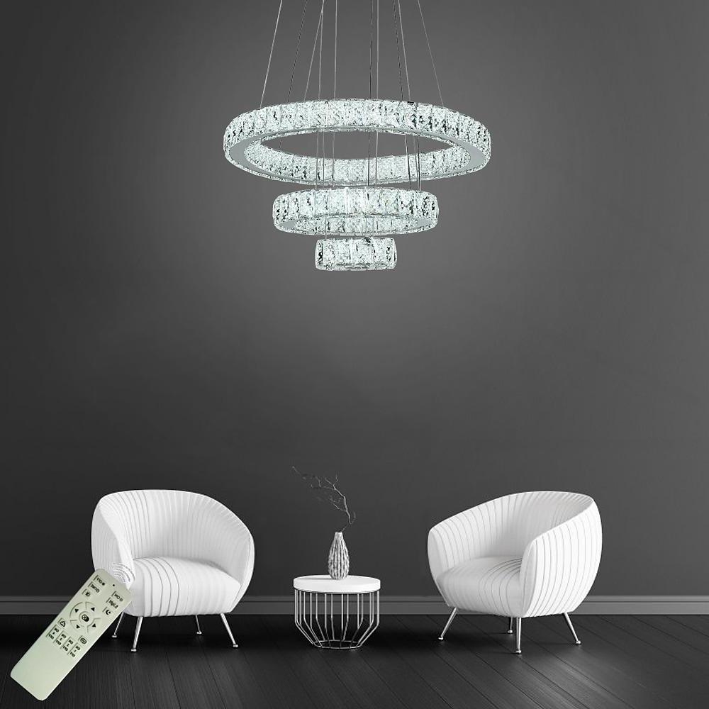 3-Tier Crystal Ring Chandelier with LED - Modern Chrome Finish