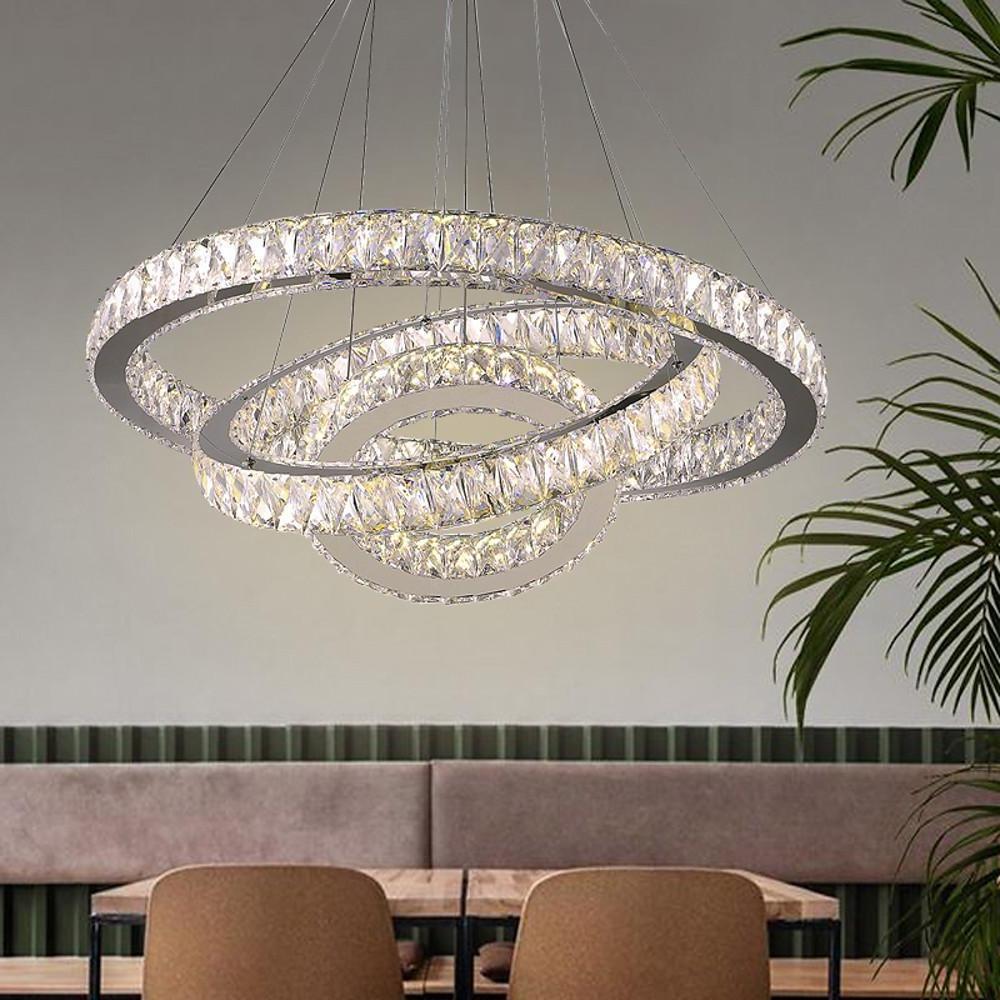 Crystal LED Modern Chandelier Triple Ring Dimmable Pendant Light