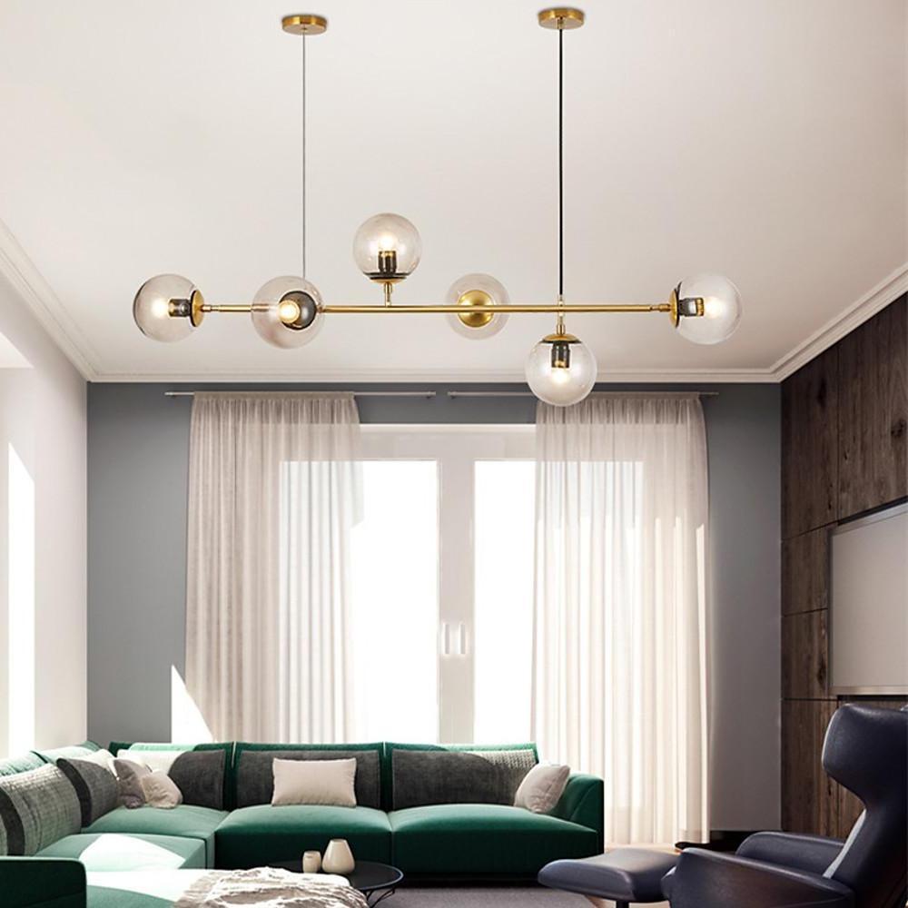 Nordic Linear Glass Globe Chandelier 4/6 Lights Gold Metal