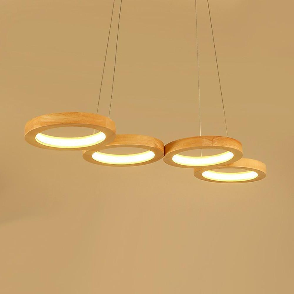 Rustic Wood Pendant Light 4-Circle LED Modern Chandelier