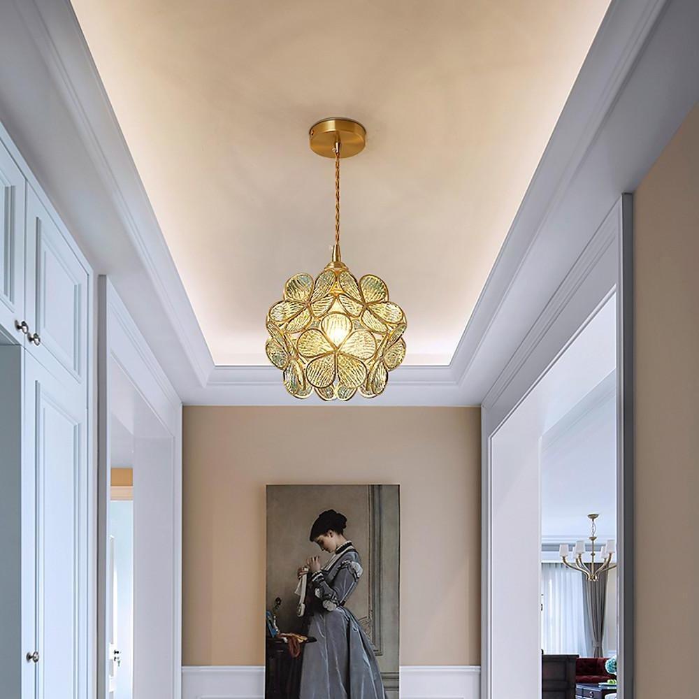 Floral Glass Pendant Light Modern Copper Finish Hanging Lamp