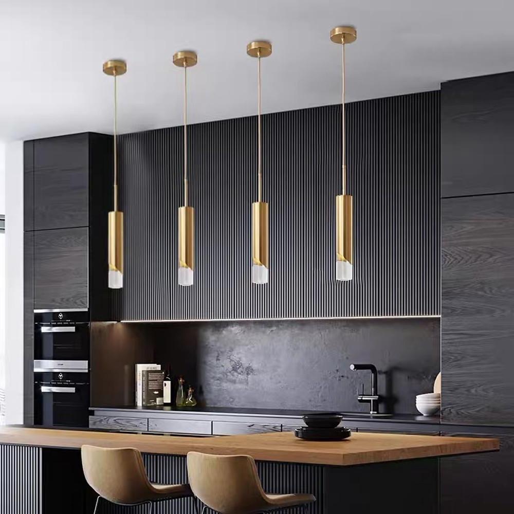 Slender Cylinder Crystal Pendant Light Modern Gold Finish