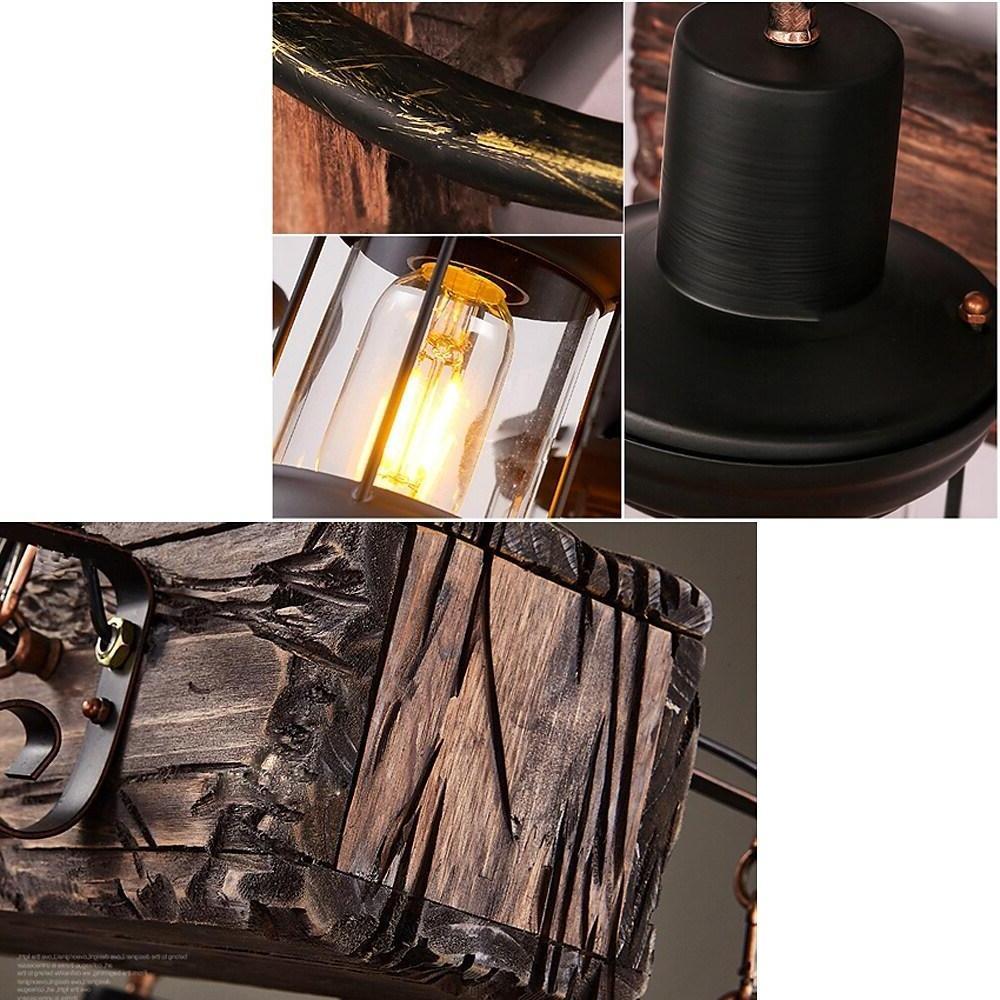 6-Light Farmhouse Wooden Chandelier with Glass Lantern Shades