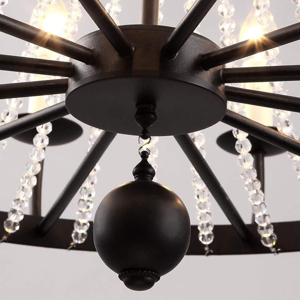 Vintage Wagon Wheel Crystal Chandelier - Black Metal Candle Style