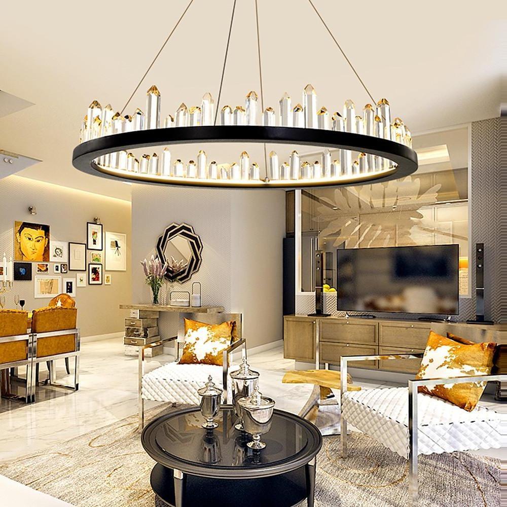 Crystal Ring Modern LED Pendant Light – Adjustable Black Metal