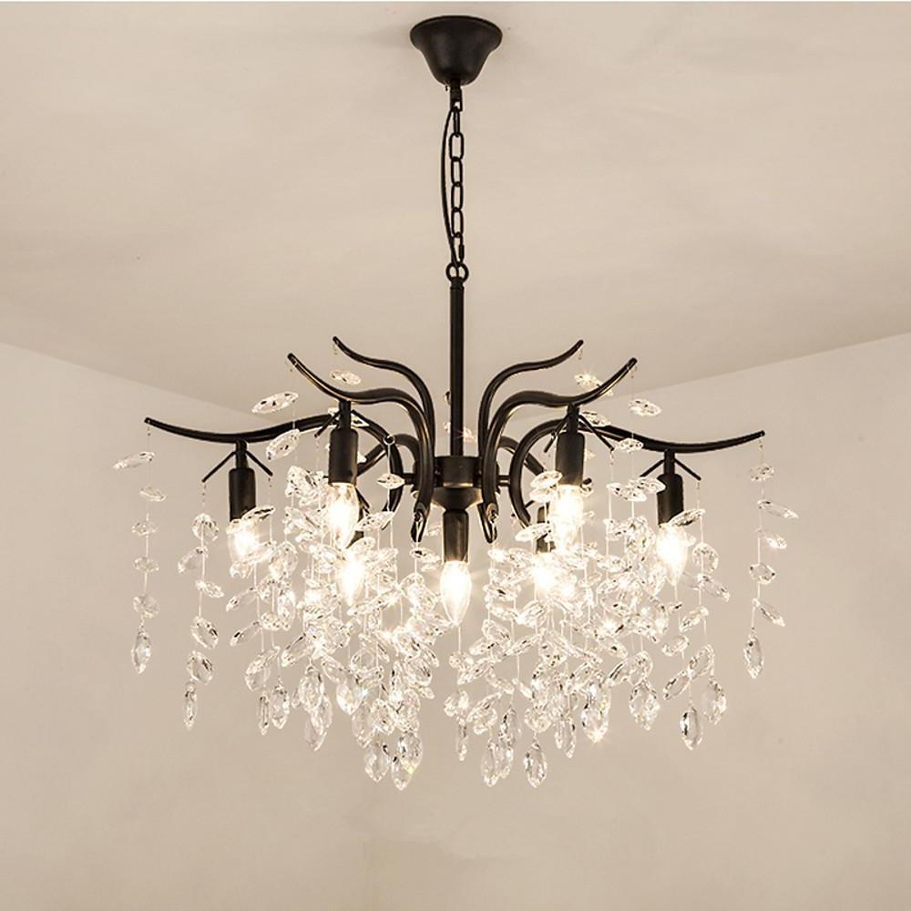 Crystal 7-Light Candle Chandelier Metal Frame Black Gold Finish