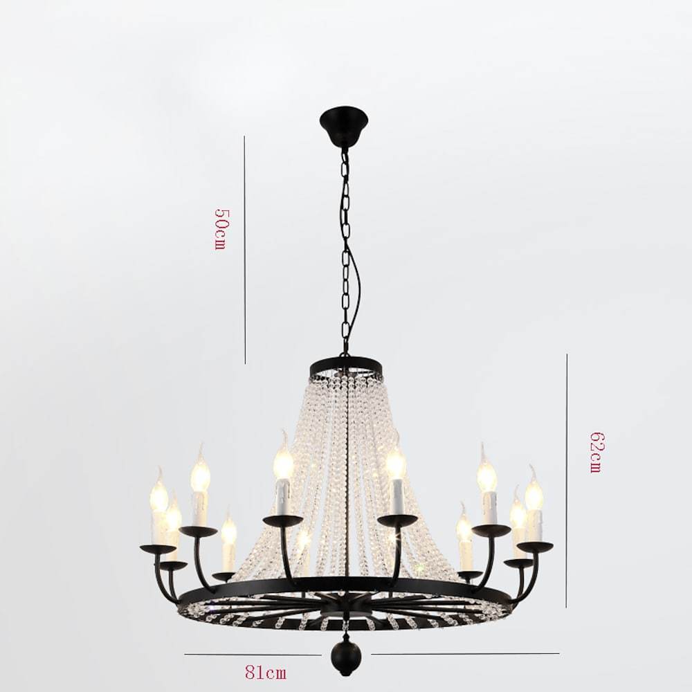 Vintage Wagon Wheel Crystal Chandelier - Black Metal Candle Style