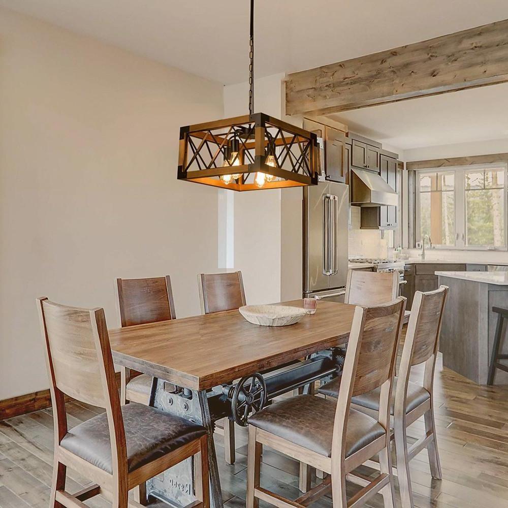 Rustic Industrial Linear Chandelier Wood & Glass Farmhouse Fixture