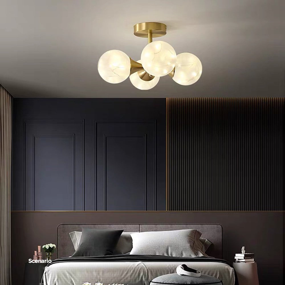 4-Light Copper Glass Flush Mount LED Ceiling Light Modern Brass