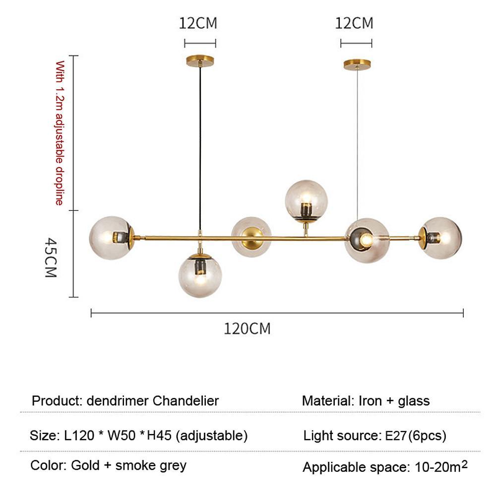 Nordic Linear Glass Globe Chandelier 4/6 Lights Gold Metal