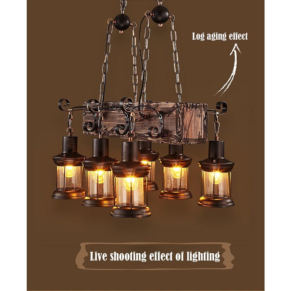 6-Light Farmhouse Wooden Chandelier with Glass Lantern Shades