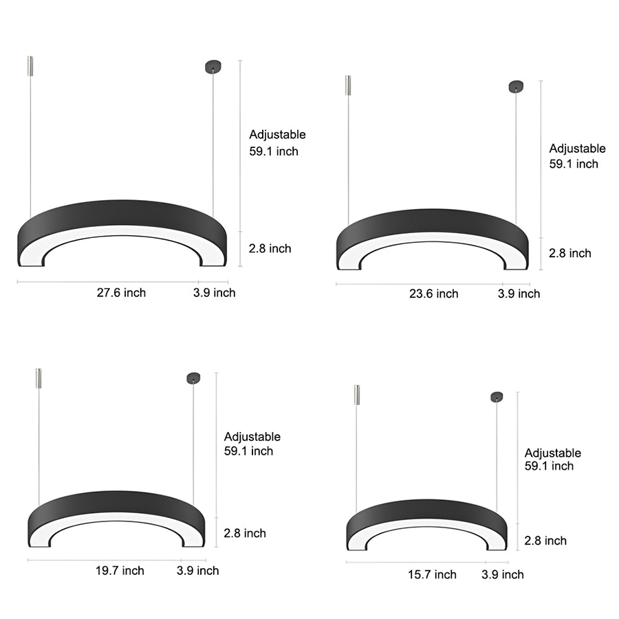 Modern C-Shape LED Pendant Light Half-Circle Profile Black